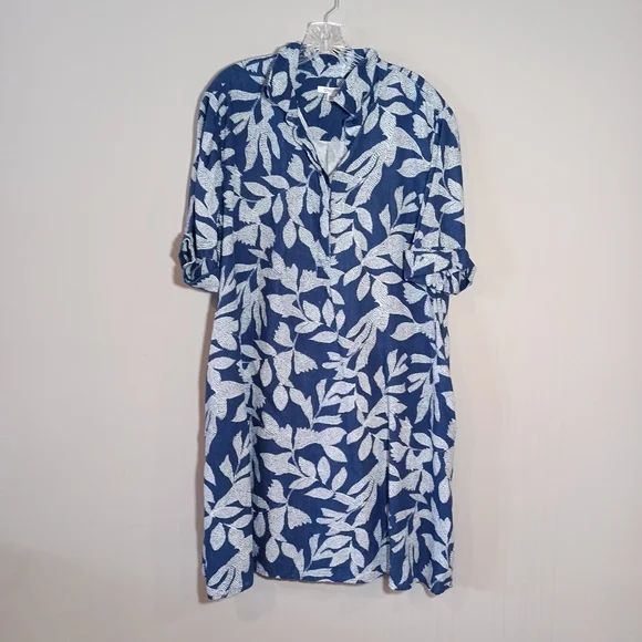 Chico’s Linen Leaf Print Popover Shirt Dress size 3 XL 16 Blue - Picture 2 of 9